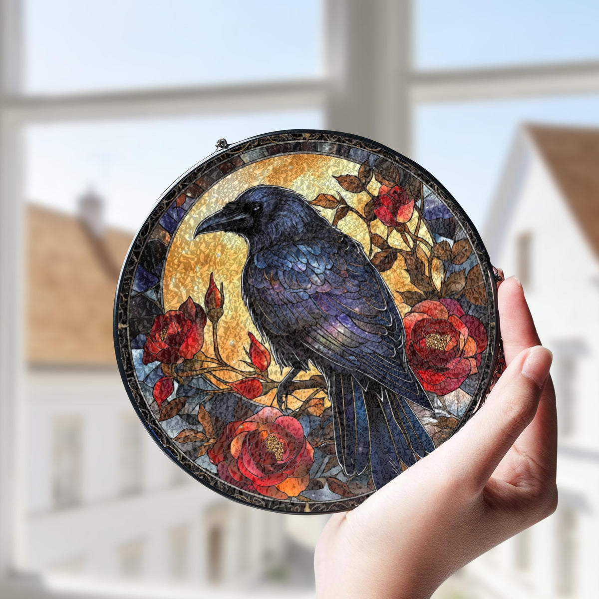 Gothic Black Raven Moon Roses Stained Glass Window Hanging Sun Catchers Dark Crow Glass Panel Hangings Crow Gift for Mom Grandma Halloween Lover Gift for Mom Holiday Ornament Housewarming 7.9inch
