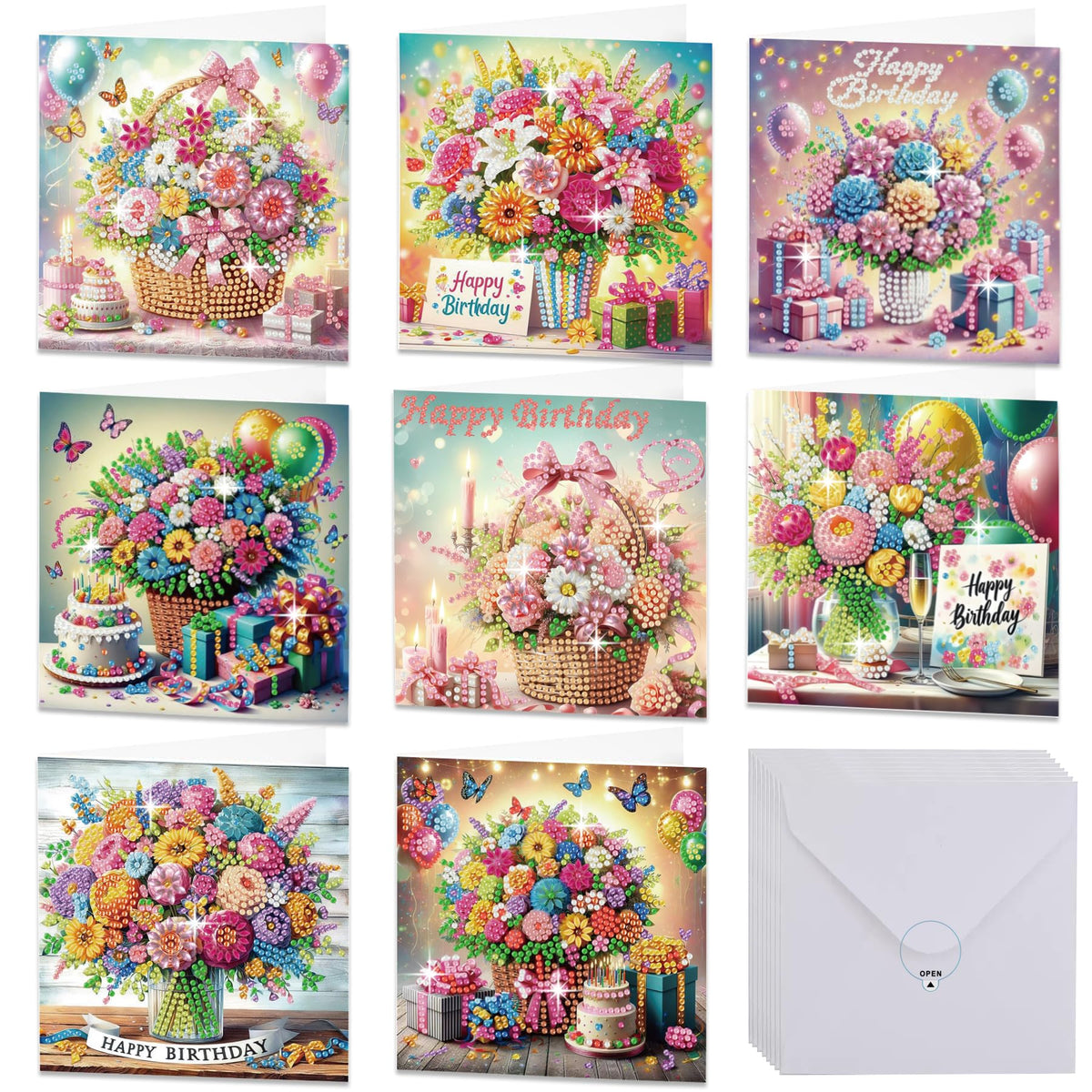 Muzagroo Art Diamond Art Greeting Cards for Adults Diamond Painting Happy Birthday Greeting Cards for Beginners Adults Crafts Gem Art Kits Birthday Greeting Cards 8PCS (Happy Birthday 2)