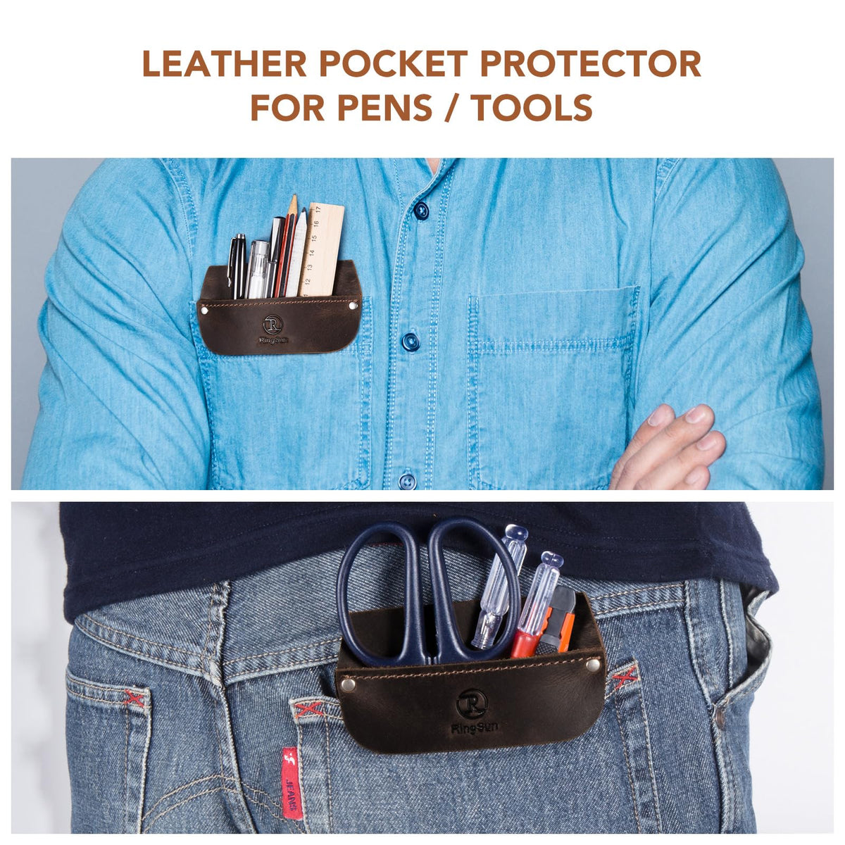 RingSun Genuine Leather Pocket Protector for Men, Durable Pocket Tool Pouch, Jeans Shirts Pocket Protector for Tools Pens