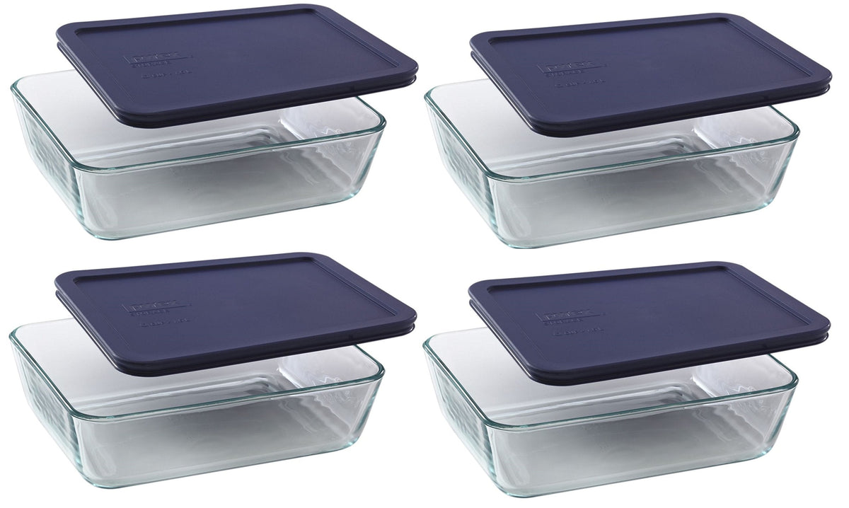 Pyrex 7211 6-Cup Glass Dish & 7211-PC Dark Blue Lid (4-Pack) - Made in USA
