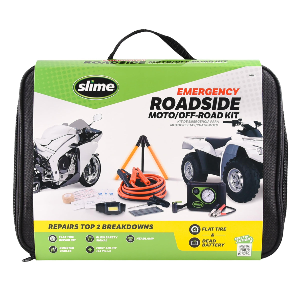 Slime 50161 Emergency Roadside Kit with Flat tire Repair and Booster Cables for Moto/Off-Road