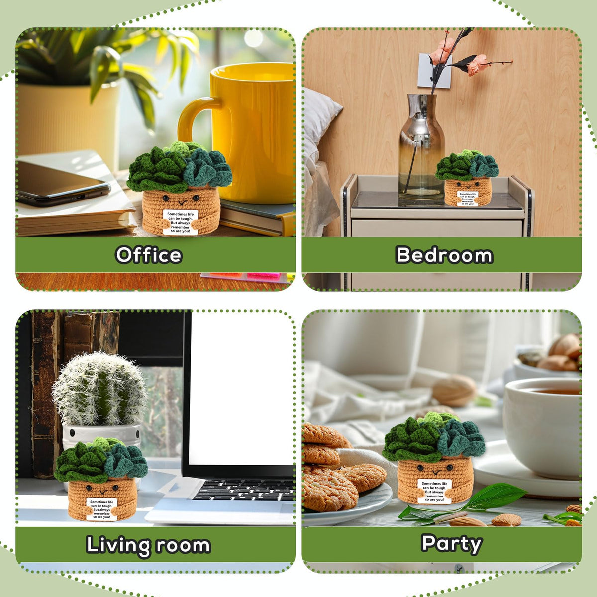 lasuroa Positive Flower Pot, Coasters Crochet Flower Mini Crochet Potted Flower Crochet Plant Pot Positive Emotional Plush Crochet with 6 Crochet Coasters for Party Decoration Encouraging Gift