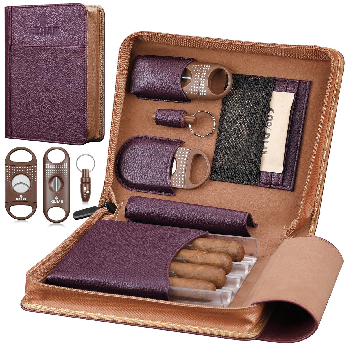 KEJIAR Travel Cigar Humidor Set, Humidor Cigar Box with V Cutter, Straight Cutter, Hole Puncher, Two-Way Humidity Control Packs, Leather Holder Case with Cigar Accessories Kit (Purple)