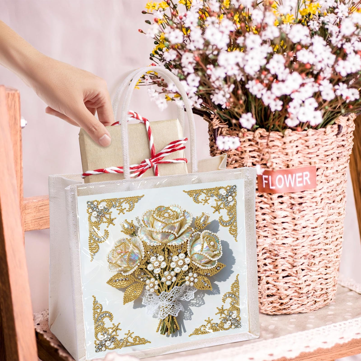 Xylzzuit DIY Pearl Painting Canvas Tote Bag Kit 11.42IN Diamond Art Handbag for Women Shopping Grocery Bag Dots Beads Art Craft Gift (Flower01)