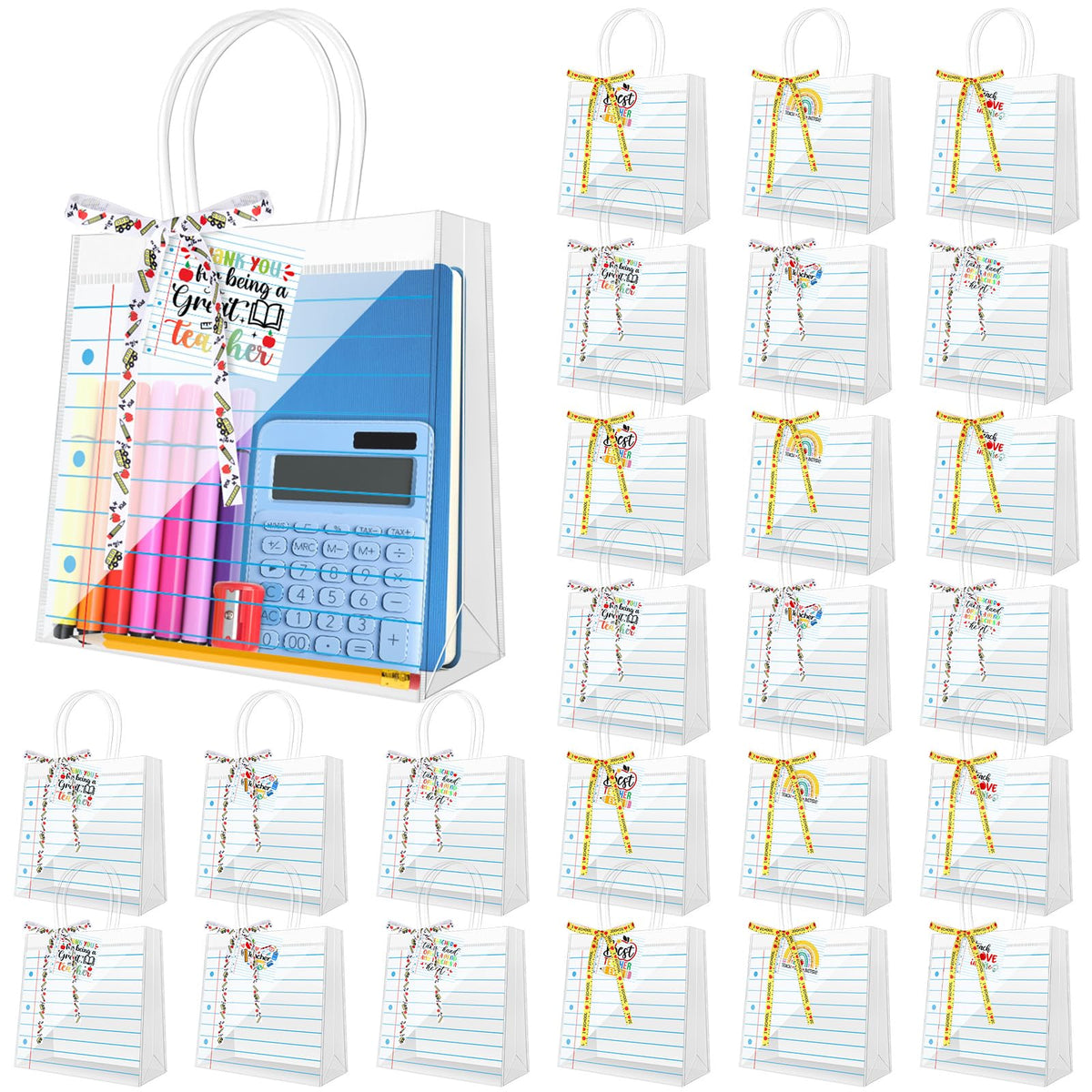 24 Sets Teacher Appreciation Gifts Bags Notebook Line Clear PVC Bags with Handle Thank You Tag Ribbon PVC Clear Candy Treat Goodies Tote Bags for Teachers' Day Classroom School Office Party Supplies