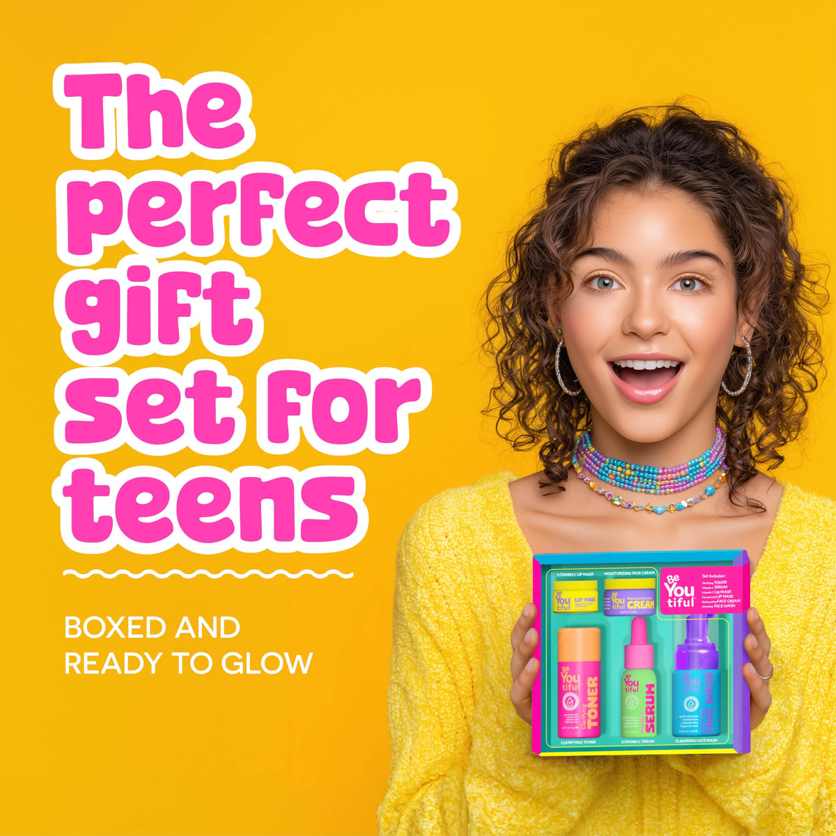 BeYoutiful Skin Care Gift Set for Teens, BFF Regimen 5-Piece kit for Sleepovers & Kids Skincare, Toner, Face Wash, Serum, Moisturizer Lotion & Lip Mask, Vegan, Cruelty-Free