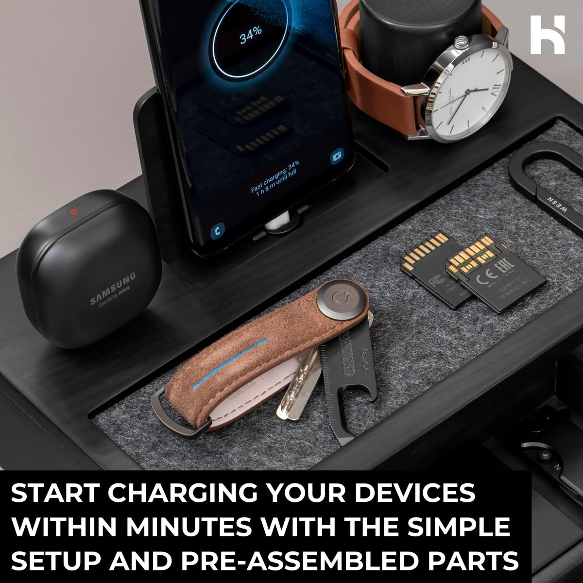 Holme & Hadfield Premium Wooden Phone Docking Station with Drawer – Nightstand Organizer for Charging Phone & Earbuds – Declutter Your Space with Felt-Lined Protection & Watch Pillar – Gift For Men