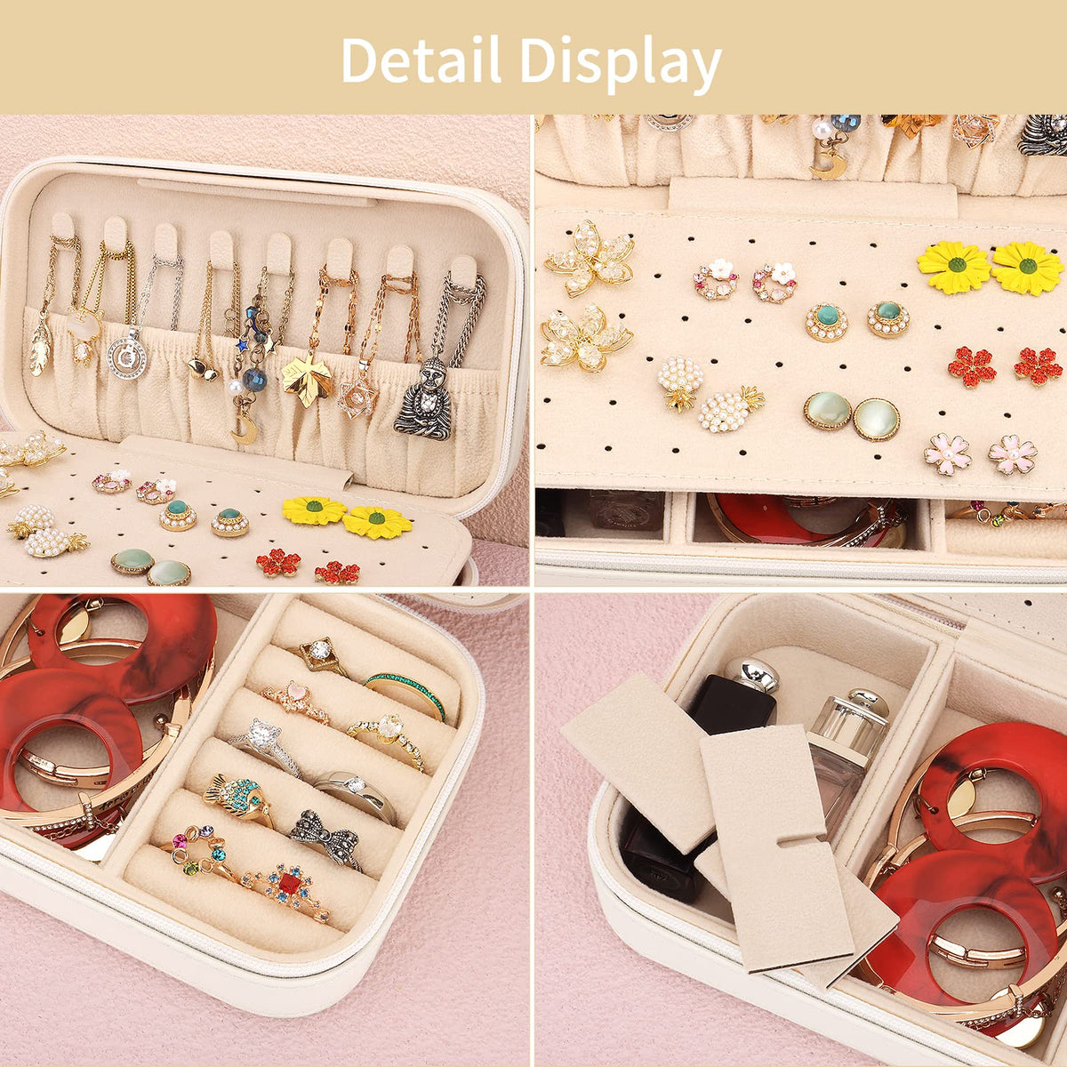 DesignSter Travel Jewelry Box, PU Leather Portable Jewelry Case, Small Jewelry Boxes for Gifts, Travel Jewelry Organizer for Women Rings Earrings Necklaces Bracelets (Beige)
