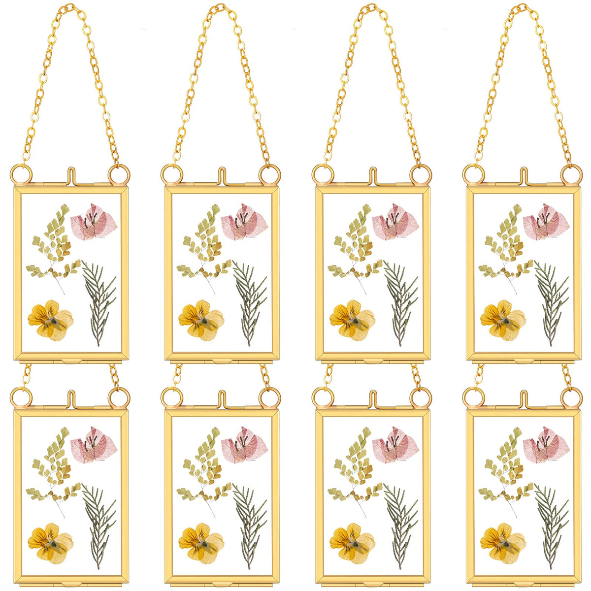 Reginary 8 Pcs 2 x 3 Inch Glass Frame for Pressed Flowers Mini Hanging Double Brass Frame Floating Glass Photo Picture Frame with Chain for Artwork Art Specimen Wall Plant DIY Decor(Gold)