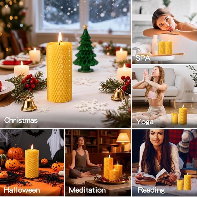 3 Pack Natural Beeswax Pillar Candles,2.8x6in Handmade Beeswax Rolled Candles,129 Hours Long Burning Honeycomb Bees Wax Candle for Gift & Home Decor,Dripless Smokeless Unscented