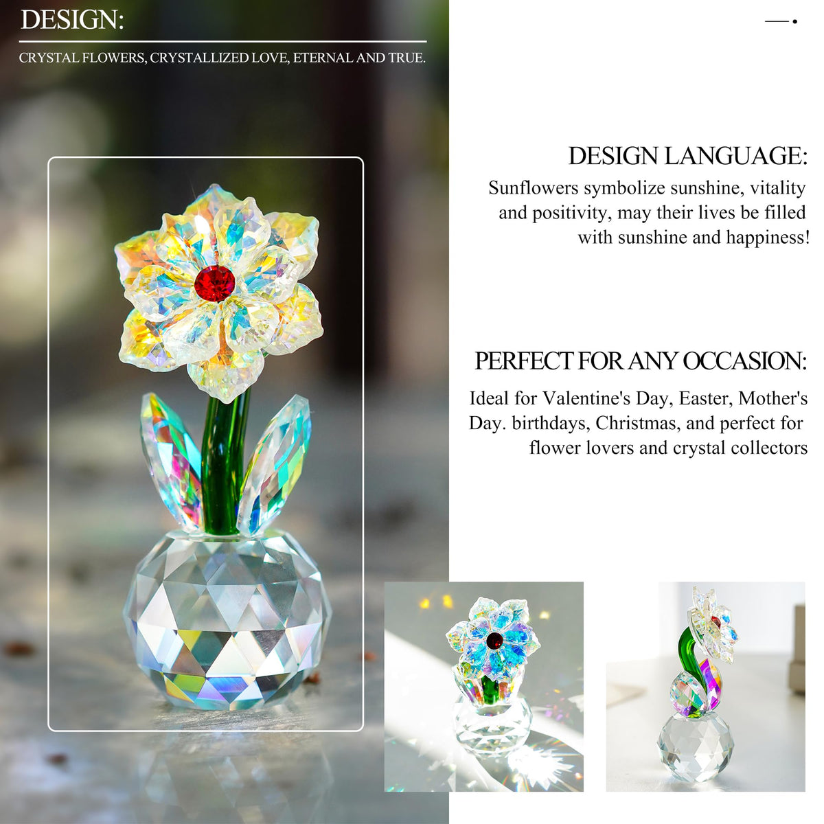 KRISININE Crystal Sunflower Figurine Handcrafted Glass Flowers Collectible Small Sunflower Paperweight Table Decoration for Home Decor(3.7 * 1.8inch)