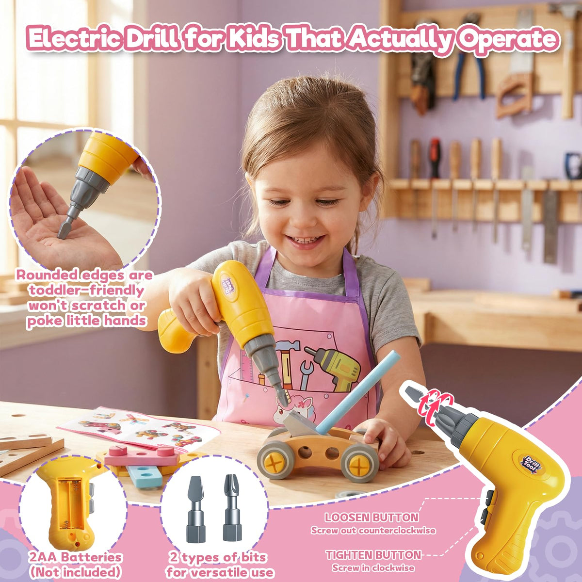 TONZE Pink Wooden Kids Tool Set with Drill 44Pcs Educational Montessori Toys for 3 Year Old Girl, STEM Toys Toddler Tool Set with Apron & Box Birthday Gifts for 3 4 5 6 Year Old Girls