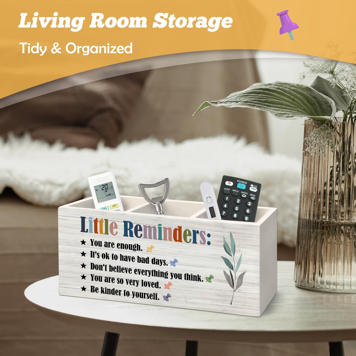 Yjeslw Little Reminders Inspirational Pen Holder Organizer for Desk Accessories, Positive Gifts, Mental Health Motivational Wooden Box Sign Desk Decorations for Home Bedroom Office Decor