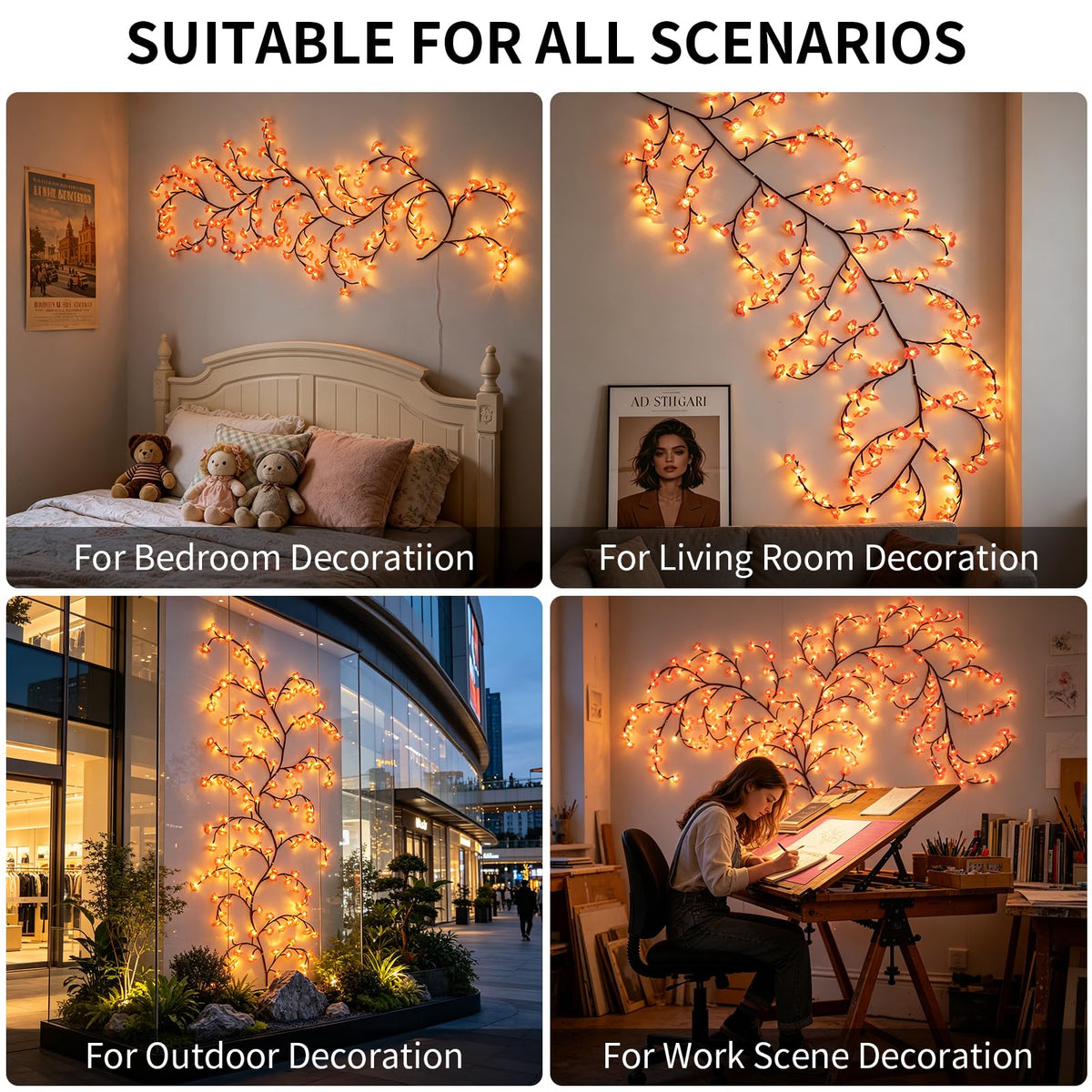 FNHMSL Cherry Enchanted Willow Vine Lights, 4FT 48LED Pink Cherry Blossom Tree Branch Lights for Wall, Remote Timer,8 Light Model,Bedroom Wall Doors Wedding, Christmas, USB Battery Box