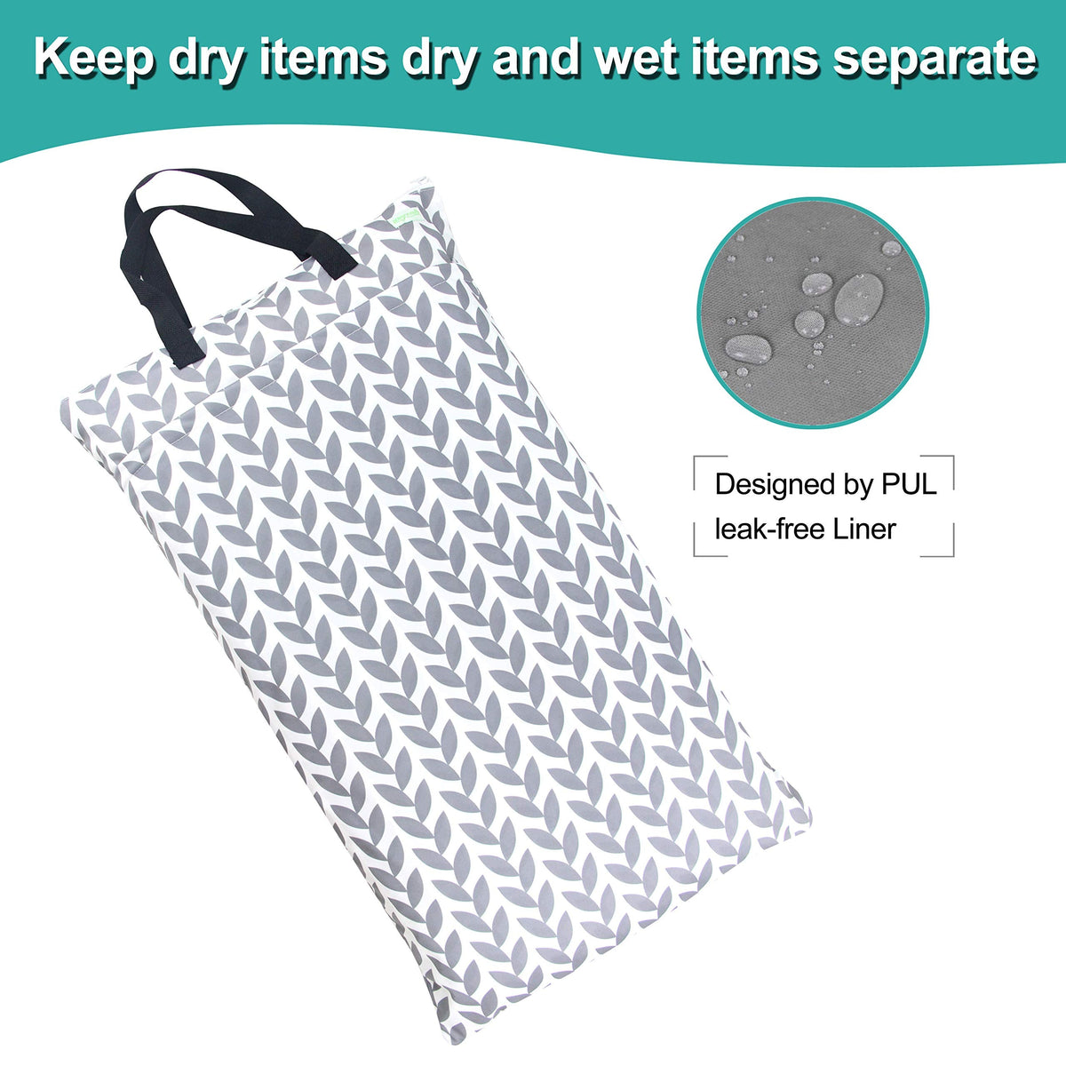 wegreeco Reusable Hanging Wet Dry Cloth Diaper Bag (Grey Leaf, Grey)