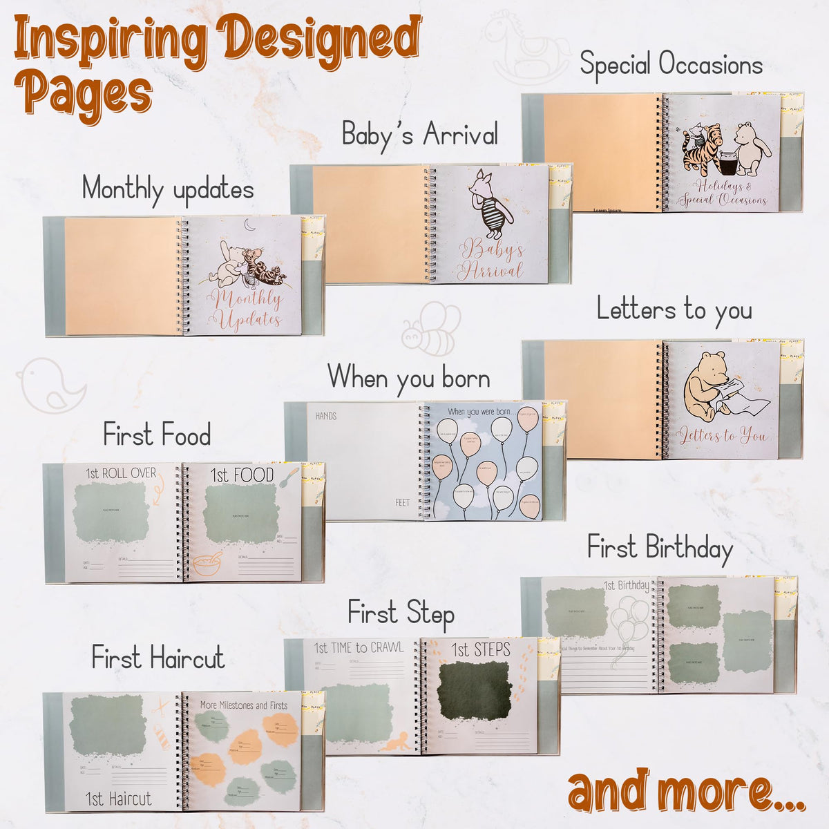 Baby Book Keepsake Memory Book (9.5”x8.5”), Hardcover Album w/Enclosed Spiral Binding, Baby Photo Albums w/Winnie the Pooh Graphics & Milestone Cards, Scrapbook Album