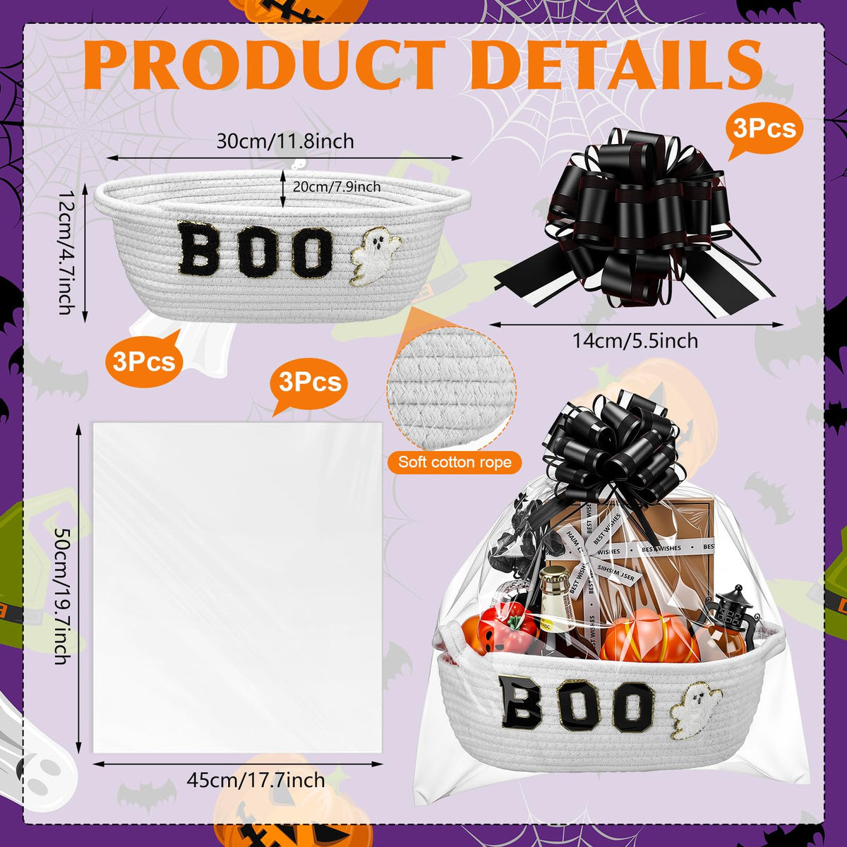 Acellegic 3 Sets Halloween Boo Basket for Gifts with Bows Ribbons Cute Boo Ghost Woven Candy Baskets Trick or Treat Bucket for Halloween Holiday Birthday Treat Wrapping Party Supplies (White)
