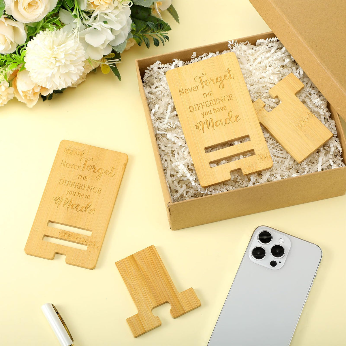 Ripeng 24 Pcs Employee Appreciation Gifts Bulk Bamboo Phone Stand for Desk Office Worker Thank You Gift for Administrative Team Coworkers Staff Graduation Nurse Teacher Week (Difference Made)