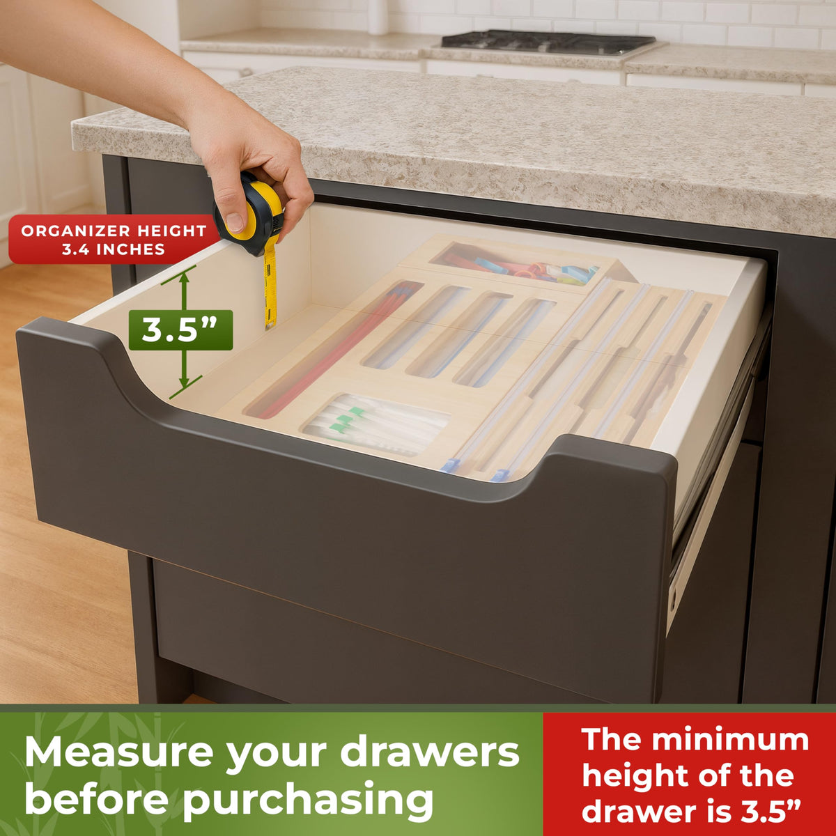 Kitchen Drawer Organizer, 9 in 1 Sandwich Storage Bag Organizer & Foil Wrap Dispenser - Fits Gallon, Quart, Snack - Plastic Bag Storage for Kitchen Organization [Measure Your Drawer Before Ordering]
