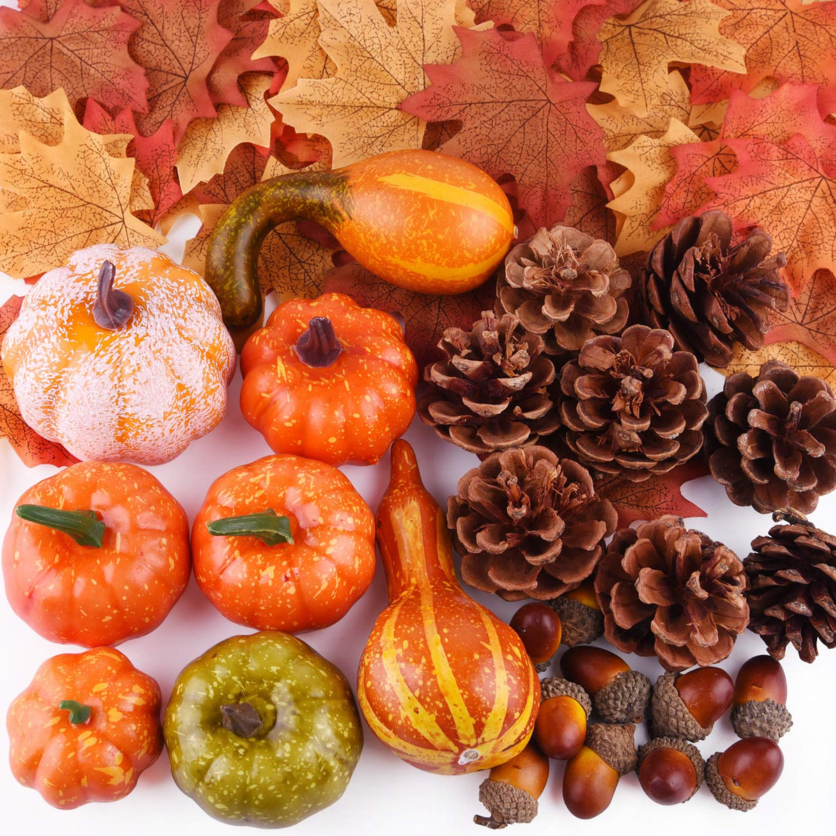 FEPITO 56 Pcs Fall Thanksgiving Decorations, Mini Artificial Pumpkins, Pine Cones, Fall Leaves, Acorns for Fall Party Decorations, Autumn Decorating Kit Halloween Thanksgiving Party Supplies
