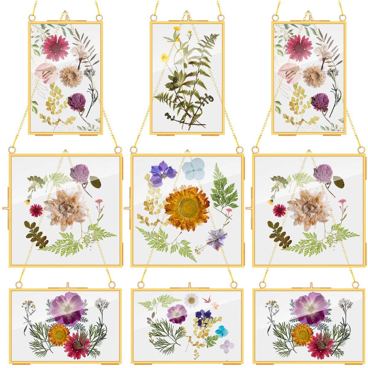 Chunful 9 Pieces Double Glass Frame for Pressed Flowers Hanging Picture Frames Photo Display Gold Metal Brass Floating Frame with Chain for Artwork Art Specimen Wall Plant DIY Gallery, 3 Sizes