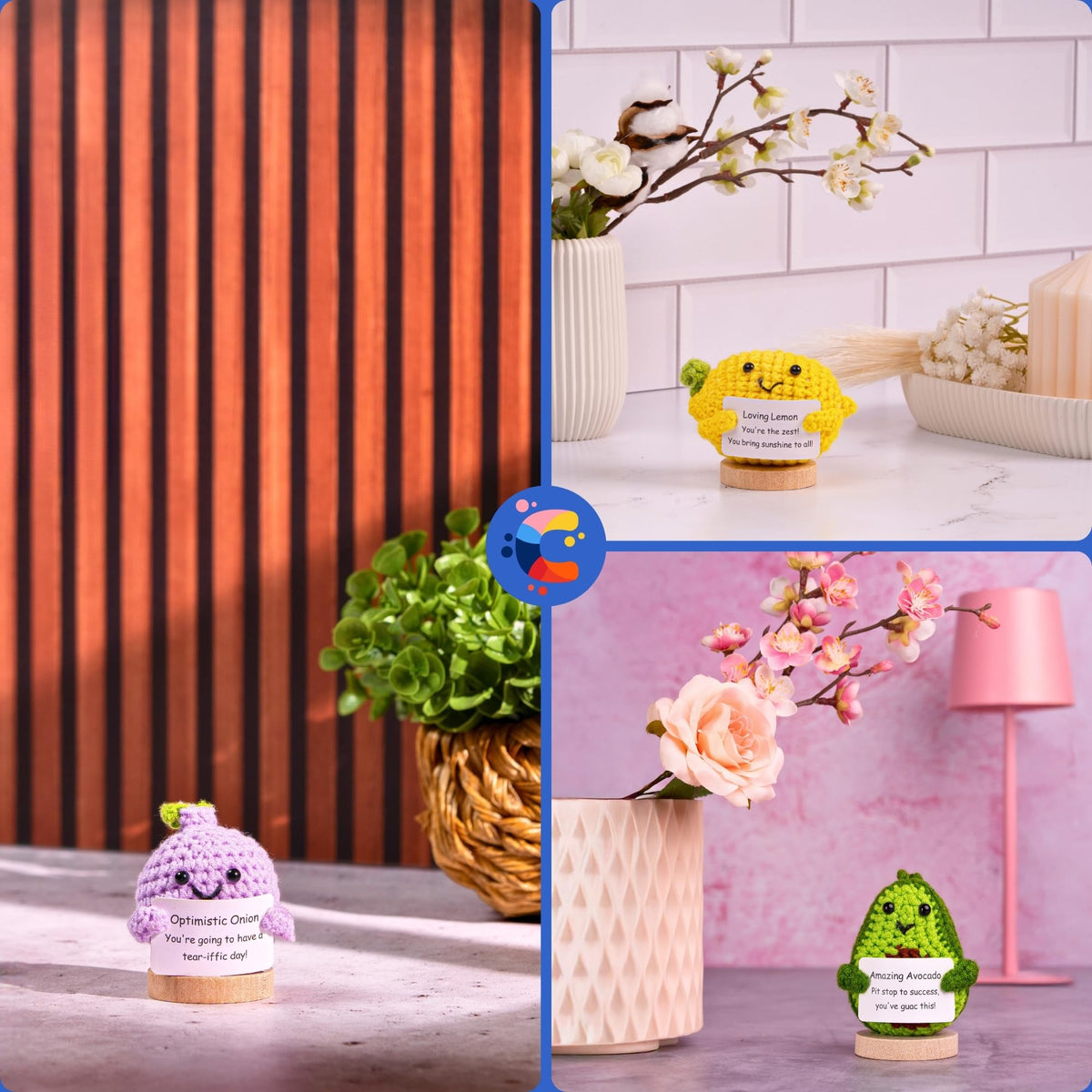 Cheerspace Cheerpal Veggies — Crochet Veggie Pack w/Stand (9 pc) Handmade Crochet Figurines Decor - Desk, Office, Coworker, Friend | Gifts for Women, Teen Girls, Mom, Girlfriend