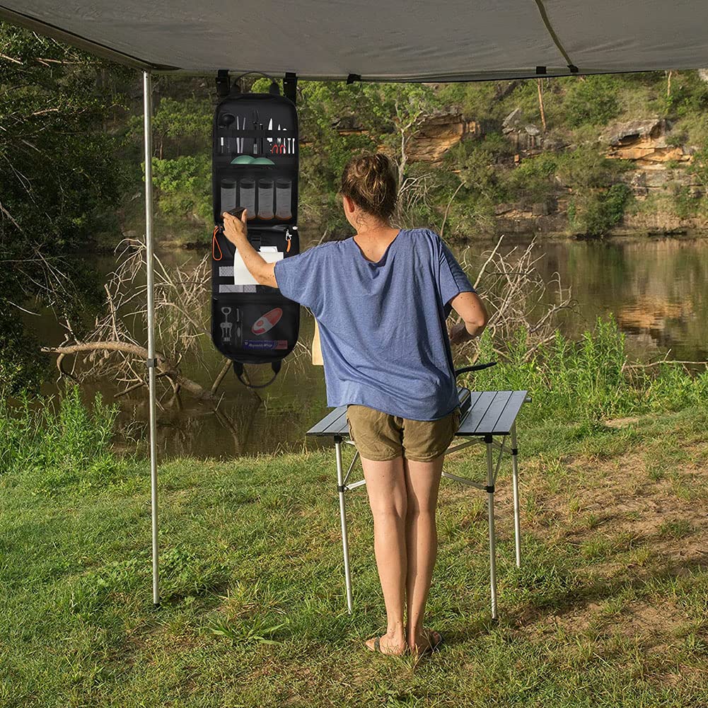 Yorkenbe Camp Kitchen Organizer, High Capacity Camping Cooking Utensils Bag, with Hanging Hooks and Paper Towel Holder, Multi-pocket Waterproof Portable Storage for BBQ Outdoor Cooking Essentials
