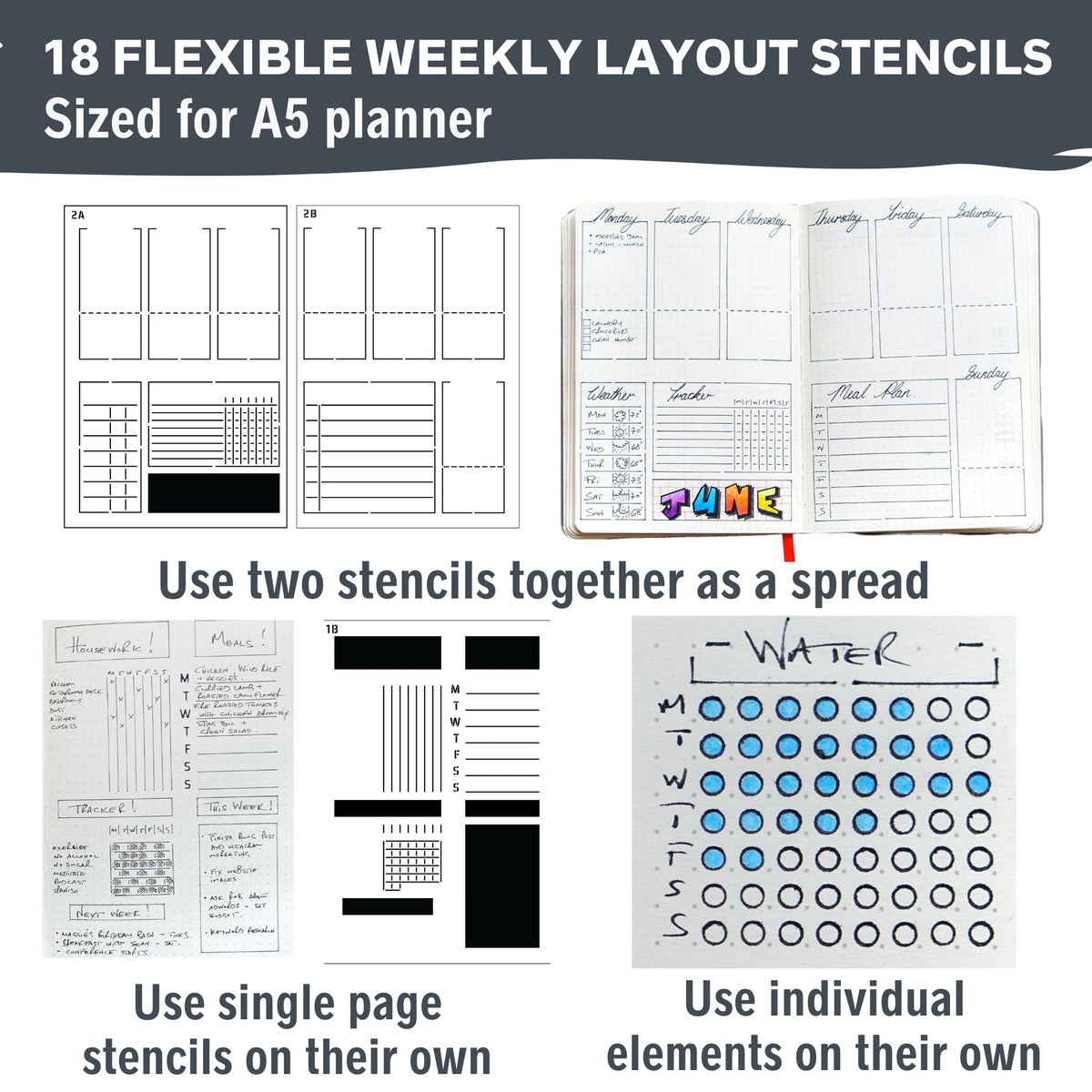 Weekly Planner Layout Journaling Supplies Kit (32 pcs) - 18 Weekly Layout A5 Planner Stencils and 14 Sheets Minimalist Planner Stickers, Planner Accessories Compatible with A5 Bullet Journals