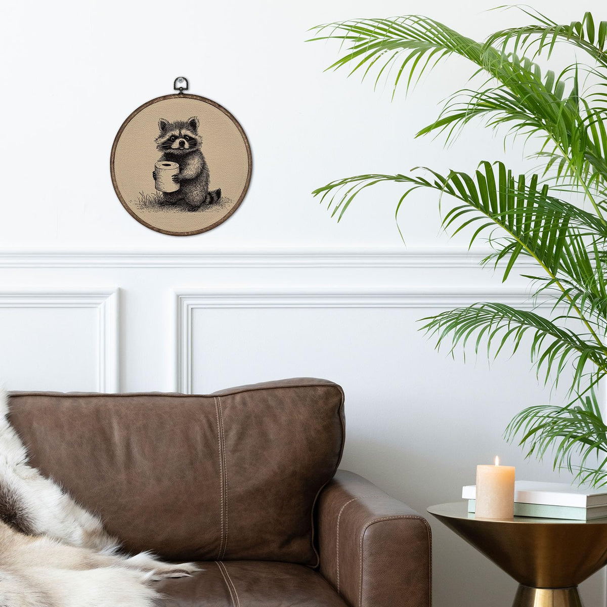 YH547-YGH01 Giosve Funny Raccoon Bathroom Round Wall Art Canvas Framed Poster, Rustic Neutral Sketch Raccoon Holding Toilet Paper Hanging Wall Sculptures for Washroom Bathroom Restroom Decor, 10x10 Inch