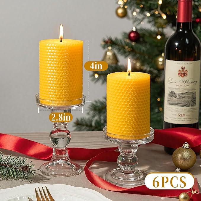 6 Pack Natural Beeswax Pillar Candles,2.8x4in Handmade Beeswax Rolled Candles,192 Hours Long Burning Honeycomb Bees Wax Candle for Gift & Home Decor,Dripless Smokeless Unscented