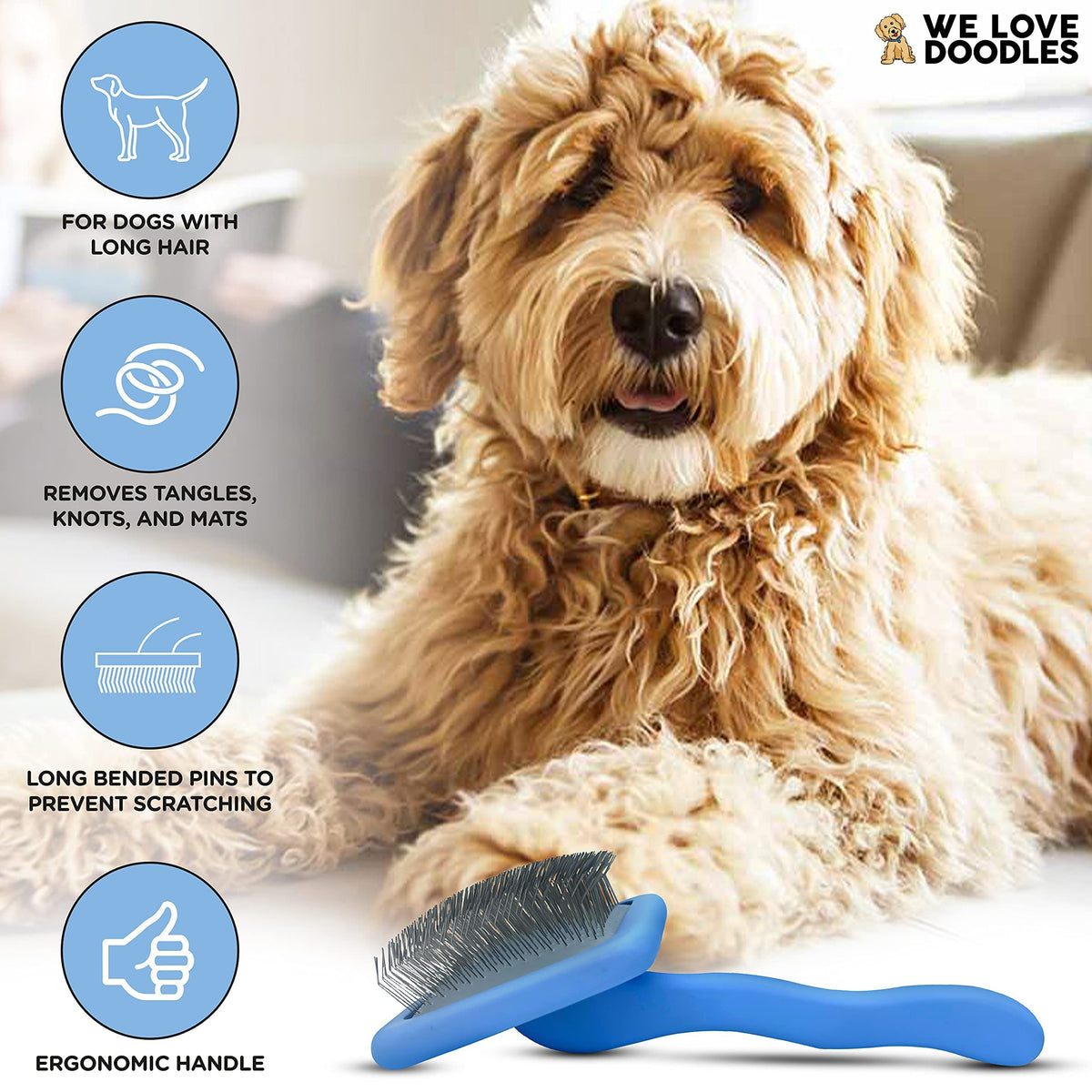 We Love Doodles Dog Gloves Wipes & Dog Slicker Brush Bundle - Pet Bathing Wipes for Dogs, Paws, Face, Body, Ears - Pet Grooming Detangler Pin Dog Brush, Goldendoodle Long Pin Brush for Dematting