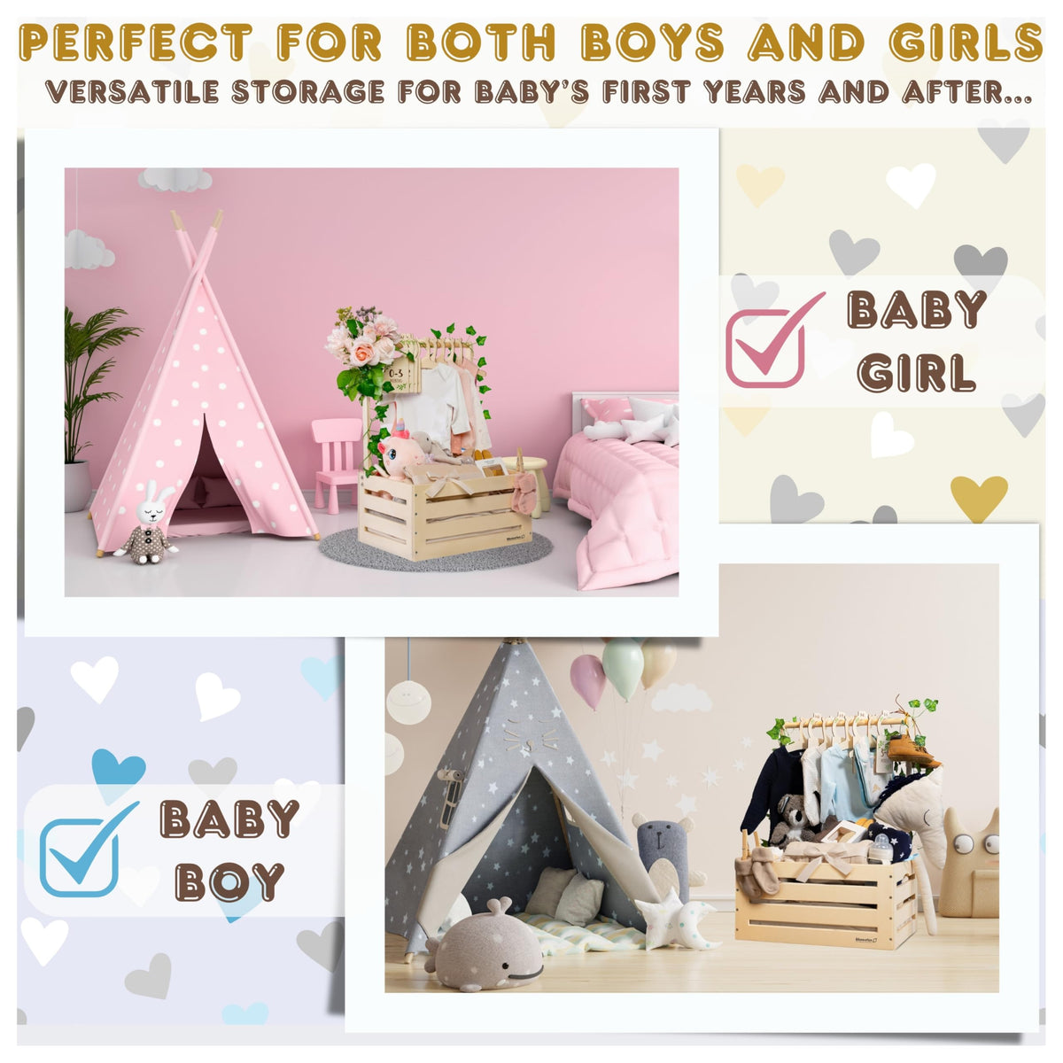 Lifemories Wooden Baby Shower Crate Closet with Clothes Hangers & Dividers, Large Gift Basket for Boys & Girls, Wood Box Storage & Display with Handles & Ivy Garland, Welcome Gifts for New Parents.