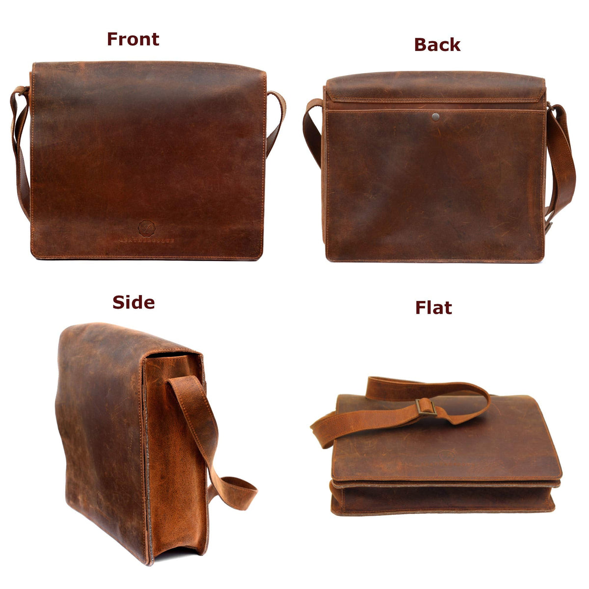 L LEATHERESQUE Chelsea Handmade Genuine Leather Crossbody Laptop Messenger Shoulder Bag 14 inch Satchel for Men and Women Crazy Horse Distressed Vintage Brown