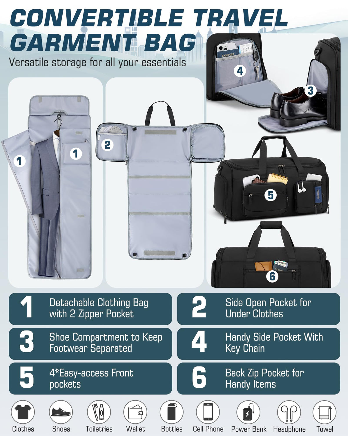 RAINSMORE Convertible Garment Bags for Travel, 45L Garment Duffle bag for Hanging Clothes, 3 in 1 Suit Travel Bag for Business Trips with Shoulder Strap, Carry On Suit Luggage for Men Women, Black