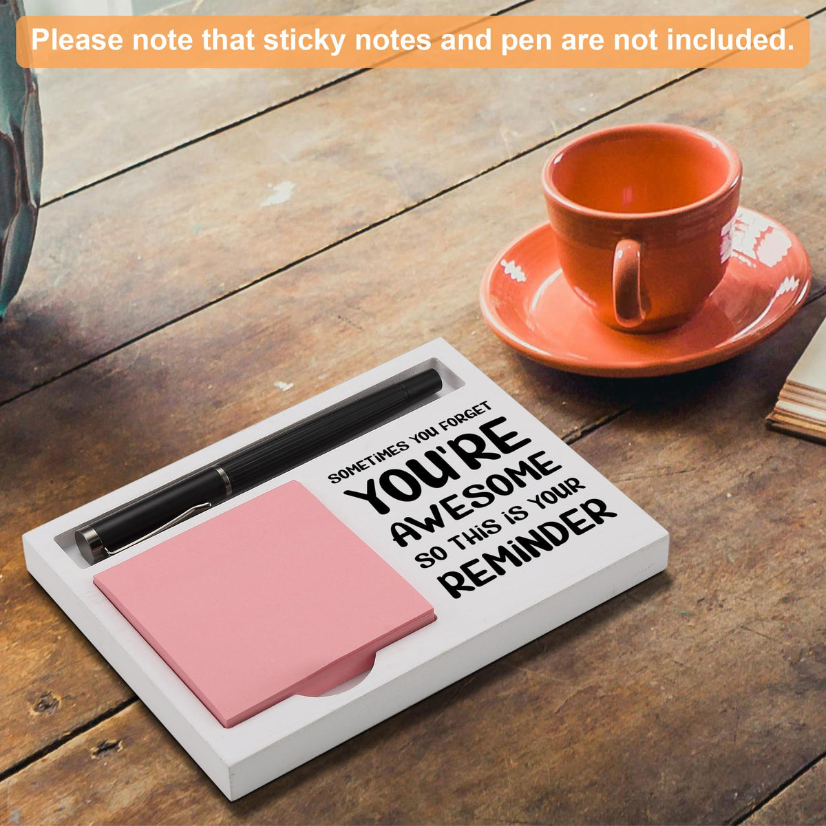 You're Awesome Desk Note Holder Motivational Gift for Coworker Friend Boss, White Wood Pen and Sticky Note Organizer Tray, Inspirational Office Decor for Women Men, Appreciation Gift, NPB604