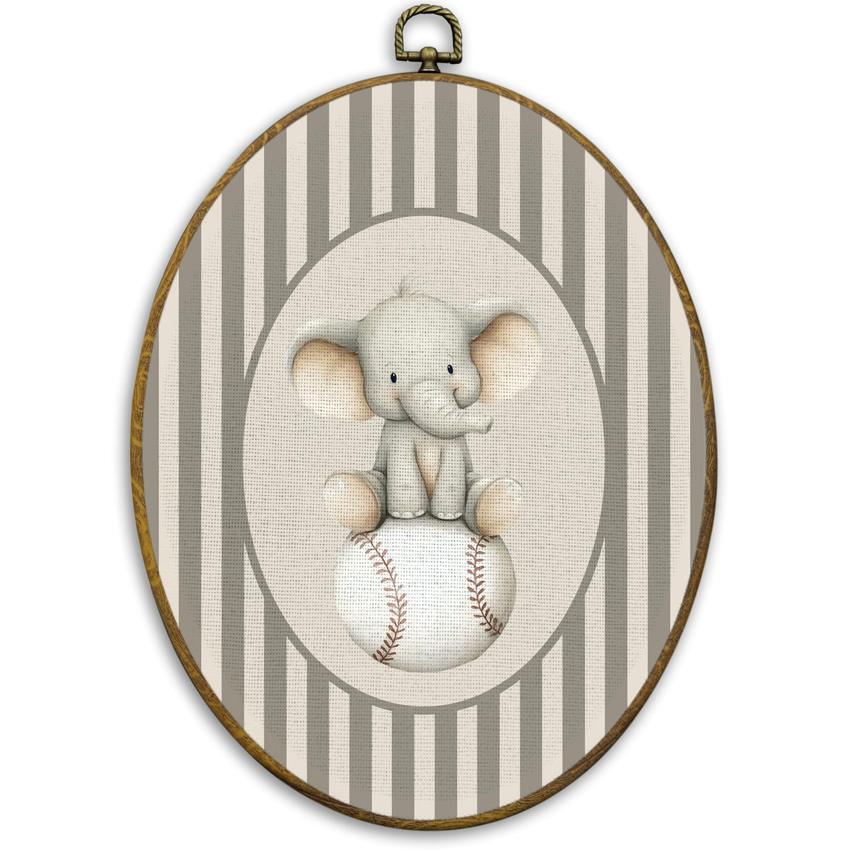CUANFDDSF Elephant Baseball Nursery Oval Wall Art Decor, Sports Wall Hanging Decor, Neutral Striped Baseball Wild Animal Framed Canvas Prints for Kids Boy Nursery Room Bedroom Playroom, 8.6x11.4 Inch