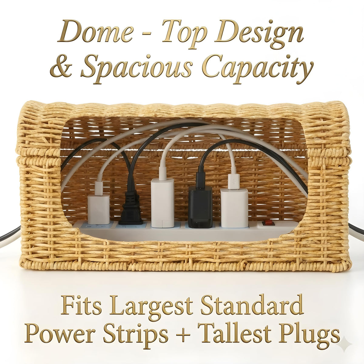 Handwoven Rattan Cable Management Box - Box to Hide Cords and Power Strip, Treasure-Box Dome-Top, Metal Baked Enamel Skeleton, Decorative Home Organizer