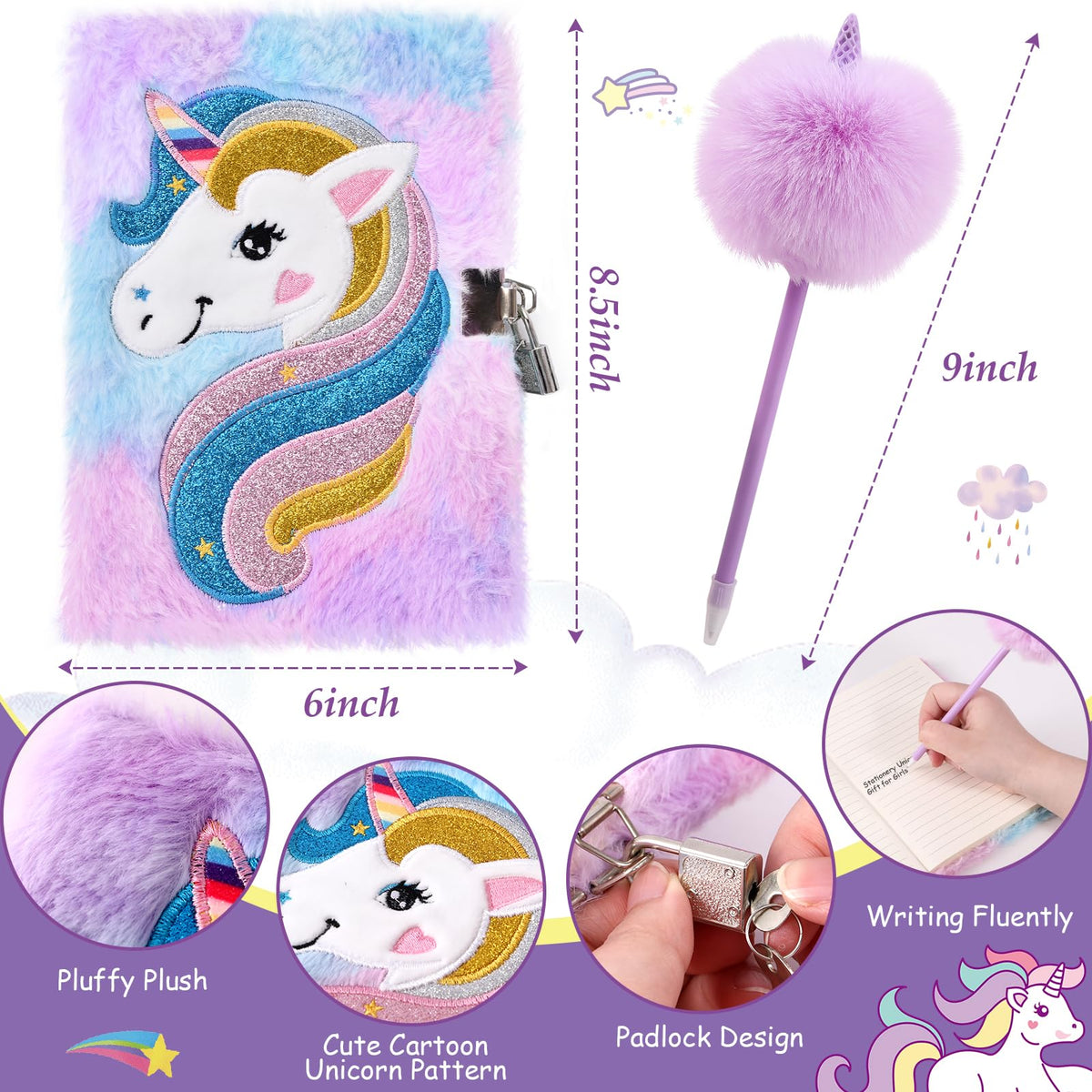 Tacobear Unicorn Gifts Girls Toy Age 5 6 7 8-12 with 3.5mm Wired Headphones Locked Diary Water Bottle Plush Bag Purse Socks Mirror, Christmas Birthday Gift Idea Toys for Teen Girl 6-10+ Years Old