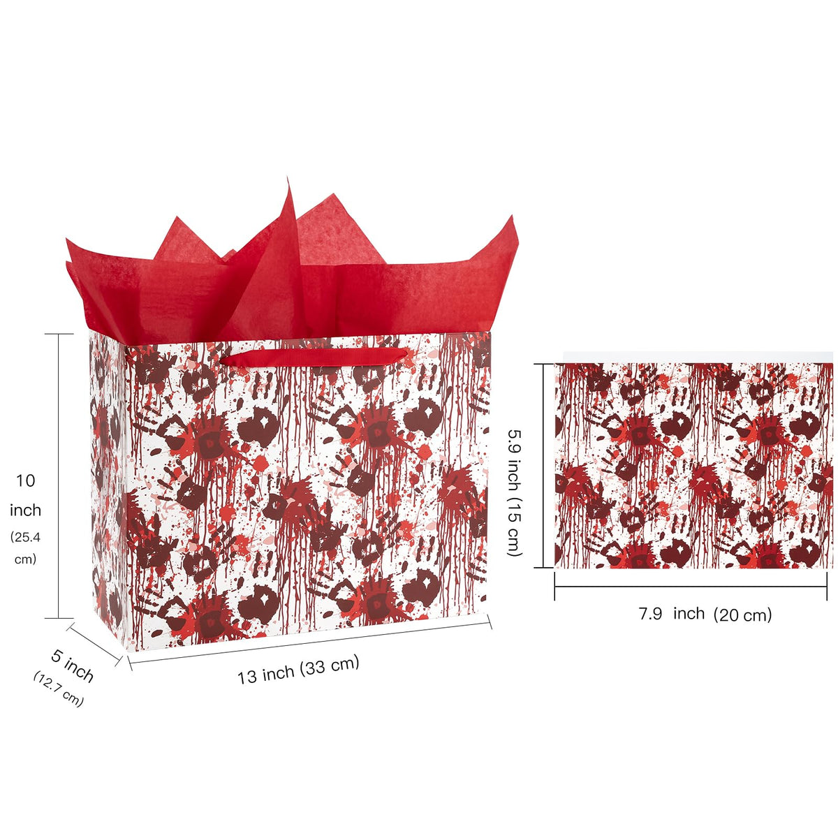 WRAPAHOLIC Bloody Halloween Large Gift Bags with Tissue Paper and Card - 10 x 5 x 13 inch - Spooky Blood Splatter and Handprint Halloween Paper Bags for Holiday, Party Gift Wrap (Pack of 2)