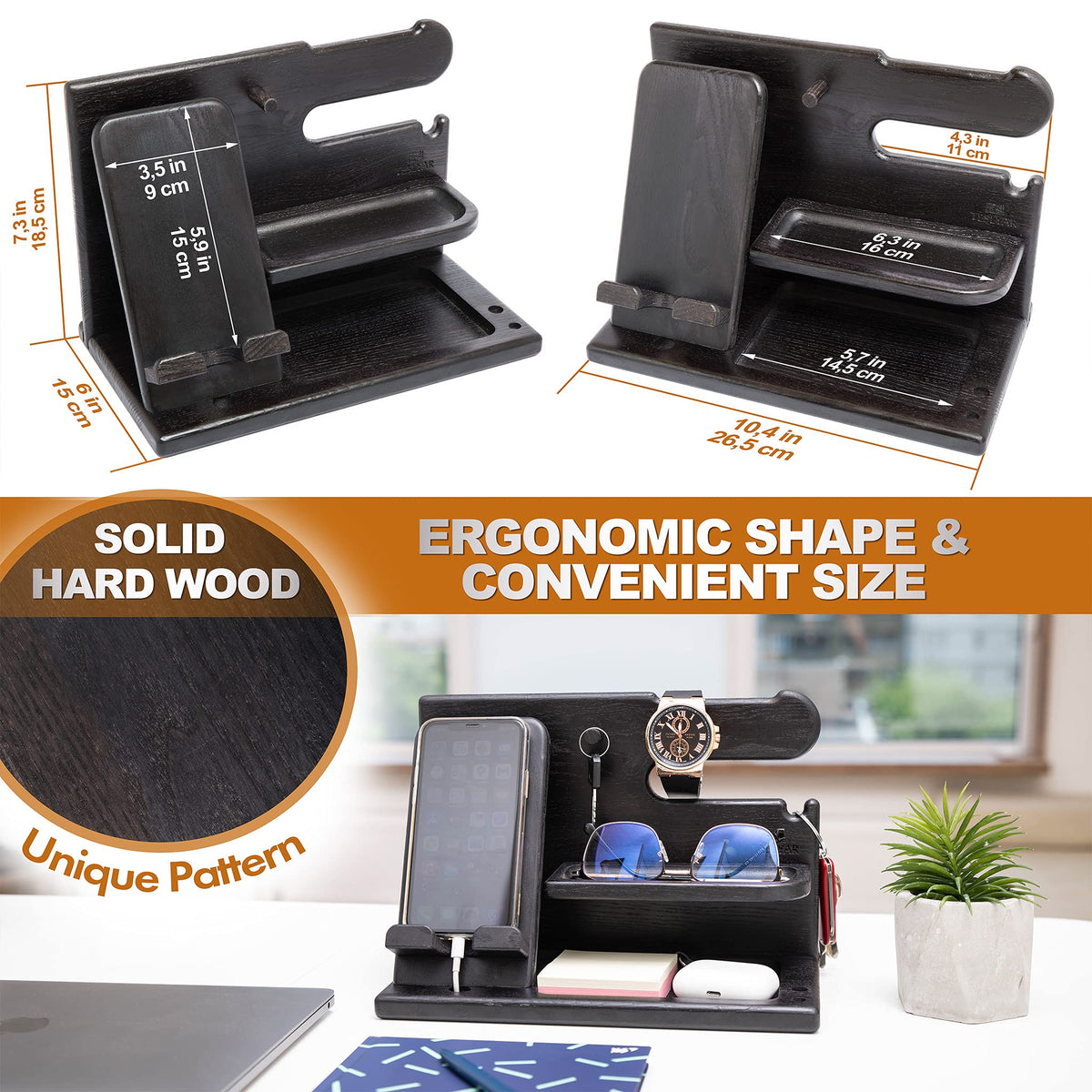 TESLYAR Wood Phone Docking Station for Men - Desk or Nightstand Organizer - Birthday Gifts for Husband, Dad - Anniversary Idea from Wife - Key Holder, Stand Wallet, Watch & Essentials (Granite Black)