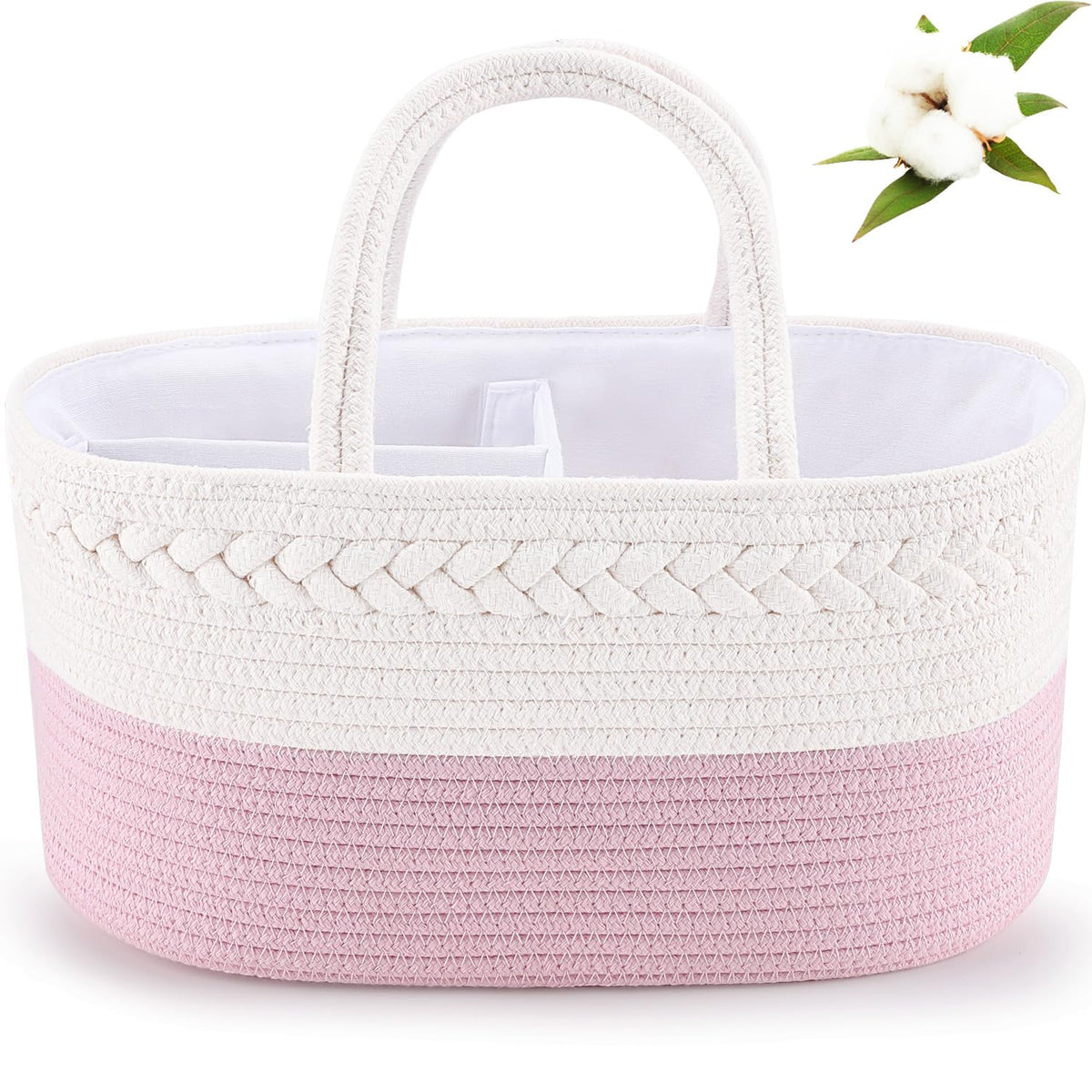 ABenkle Diaper Caddy Organizer - Cotton Rope Nursery Storage Basket for Baby Essentials, Boys & Girls Shower Gift, Changing Table Organizer, Pink