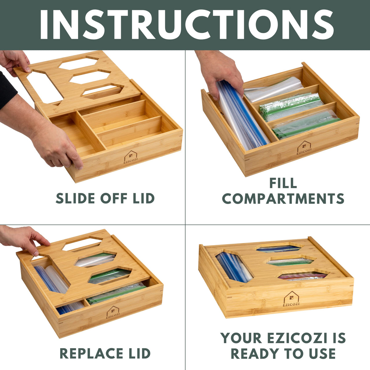 EZICOZI Durable Storage Solution with Kitchen Drawer Organizer - Durable Bamboo Material, 4 Storage Compartments, For Ziplock Gallon, Snack, Sandwich, and Quart Bags, Complete with Label Stickers