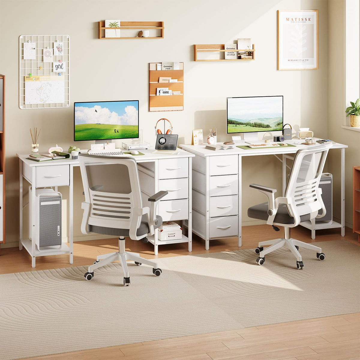 Grandder Computer Desk with 4 Drawers, 47 Inch Office Table with Storage, Gaming with CPU Shelves, Writing Desk Workstation for Home Office, Study, Bedroom, Work from Home, White