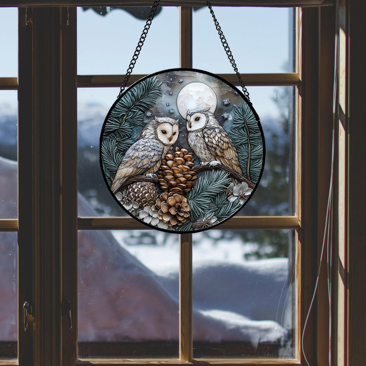 CRISGIF Stained Glass Window Hanging - Owl On A Tree Suncatcher for Doors Garden Patio Winter Scene Sun Catchers Decor Christmas Mother's Day Birthday Gifts for Women Men Mom Nana Friend 6.3 in