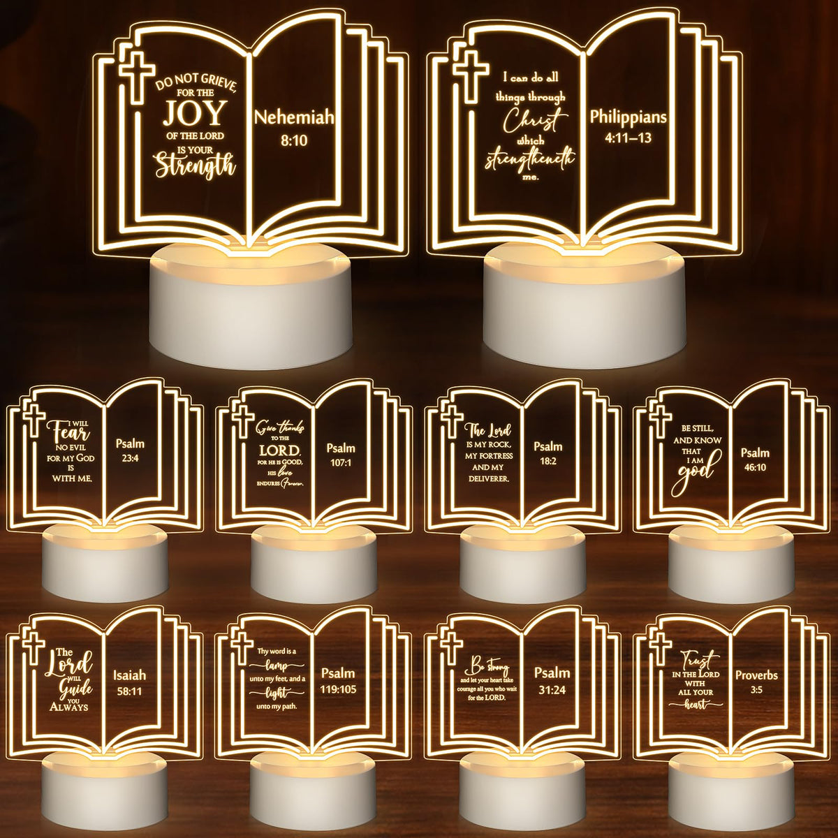 VIHOSE 10 Sets Mother's Day Christian Gift Bulk for Women Religious Inspirational Acrylic Nightlight LED with Engraved Bible Verse Sayings for Wife Clergy Church Baptism(Faith Words)