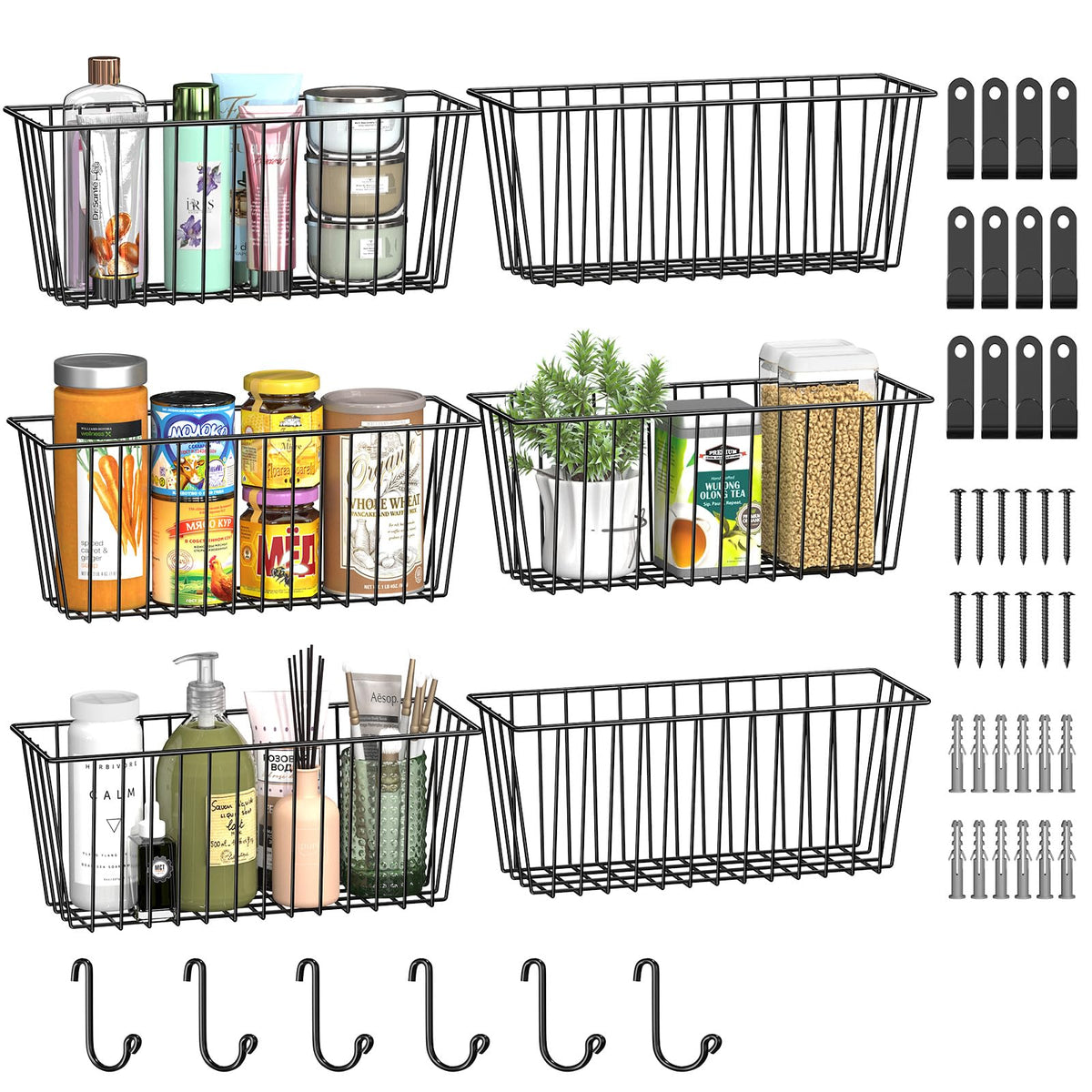 Simple Trending 6 Pack Wire Basket Wall Mount Baskets Hanging Baskets, Cabinets Organizer and Storage with Hooks for Kitchen, Garage and Bathroom