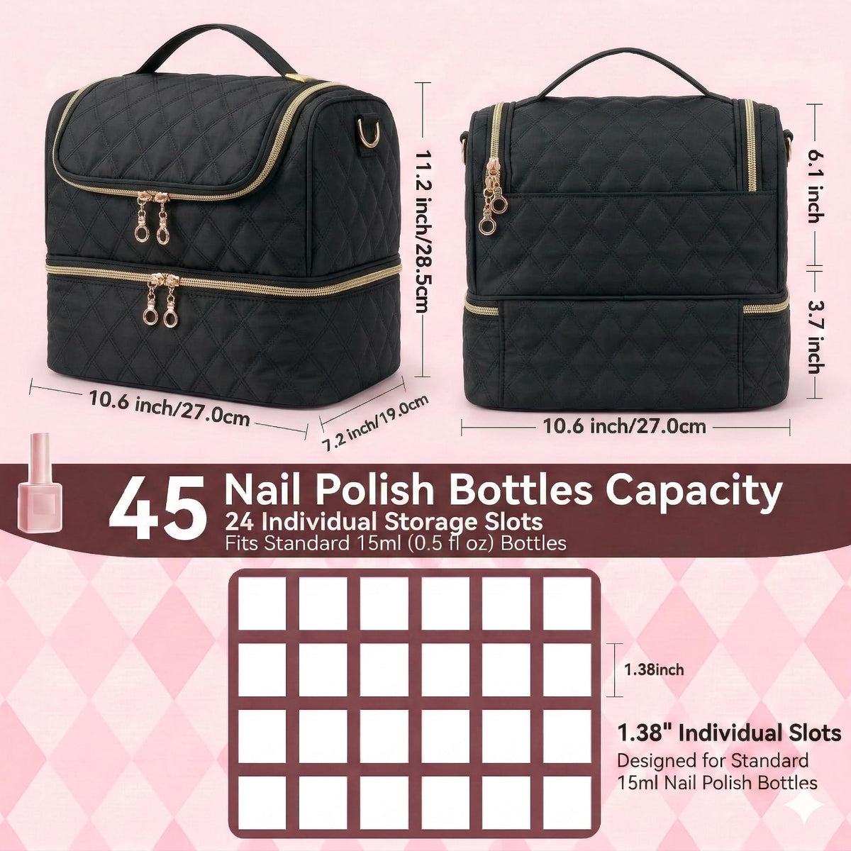 BAGCRAZY Nail Polish Organizer Case, Double Layer Nail Supplies Storage Bag holds 24 Bottles & UV/LED Lamp, Quilted Portable Manicure Travel Case with 8 Pcs Tools, for Nail Tech, Home & Salon, Black