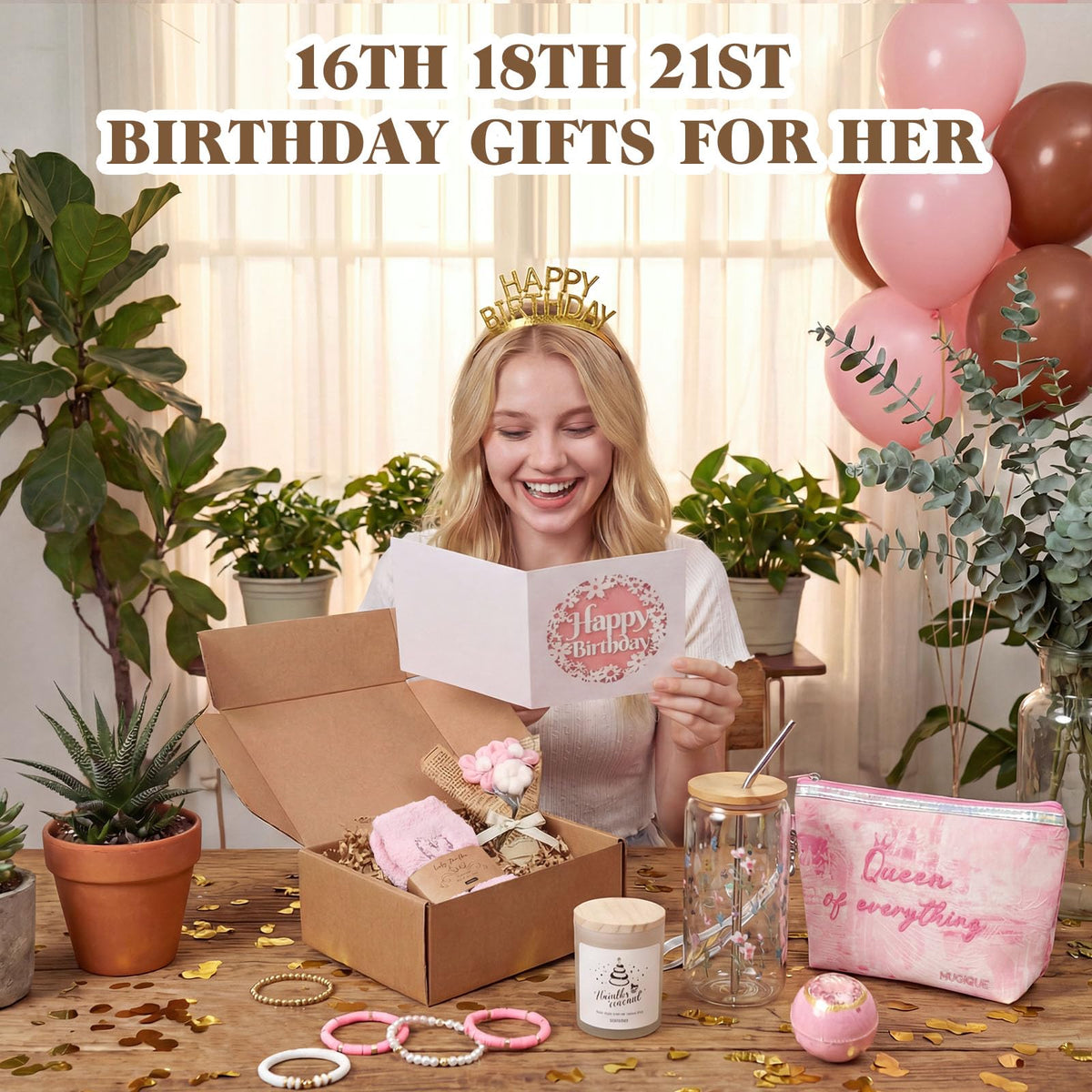 MUGIQUE Birthday Gifts for Women, Birthday Gift Basket with Glass Cup, Happy Birthday Gift Box for Women Teen Girl, Gifts for Sister Daughter Best Friend, Self Care Gift Set,Pink Floral