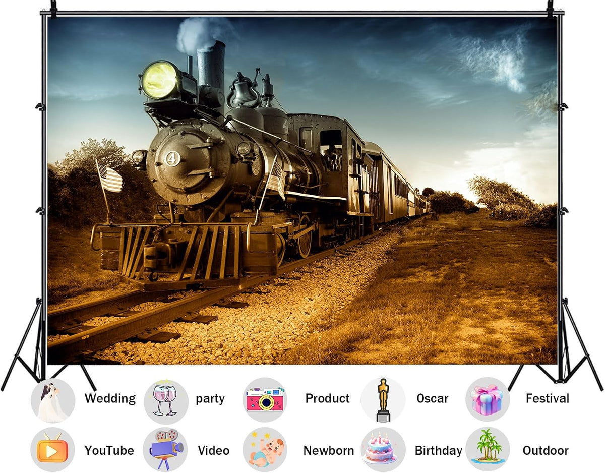 SHDASMIL 5X3ft Sunset Fabric Vintage Steam Locomotive Backdrop Train Tracks Background Western Cowboy Birthday Party