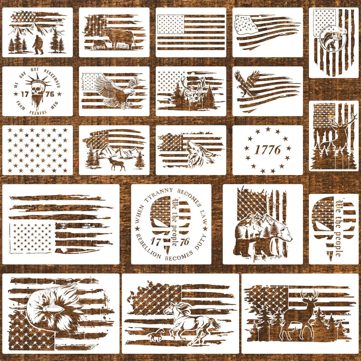 ZCPTZ 21 Pcs American Flag Stencils for Painting Reusable Templates Patriotic 50 Stars 1776 Flag We The People Crafts Stencil for Wood, Wall, Fabric, 4th of July Independence Memorial Day DIY Drawing